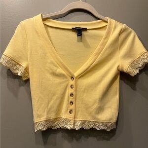 Yellow Button-Up Cropped Top with Lace Trim